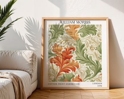 William Morris Style Acanthus Leaf Print – Orange & Green Square Wall Art
