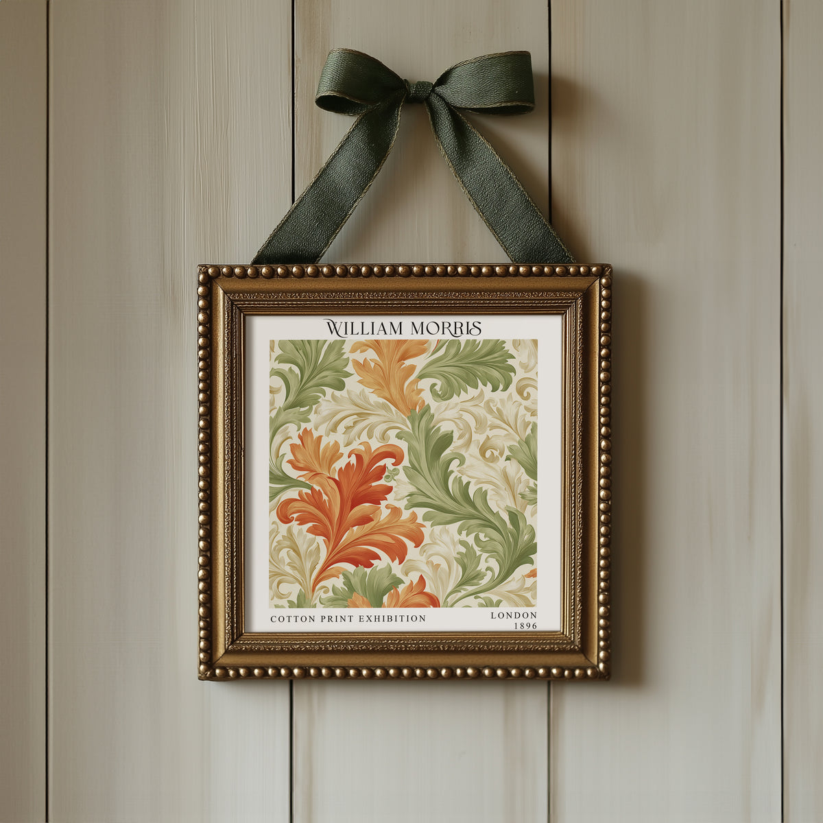 William Morris Style Acanthus Leaf Print – Orange & Green Square Wall Art