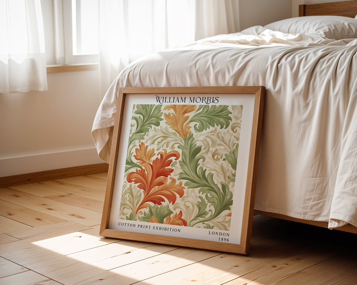 William Morris Style Acanthus Leaf Print – Orange & Green Square Wall Art