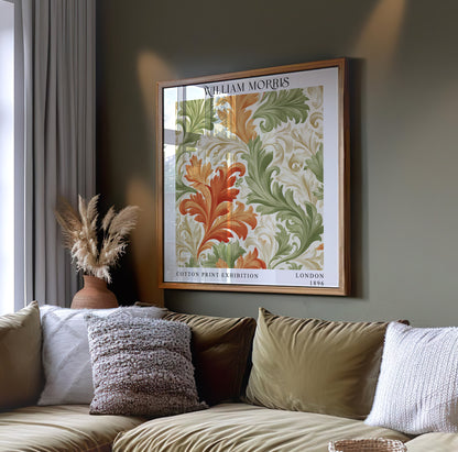William Morris Style Acanthus Leaf Print – Orange & Green Square Wall Art