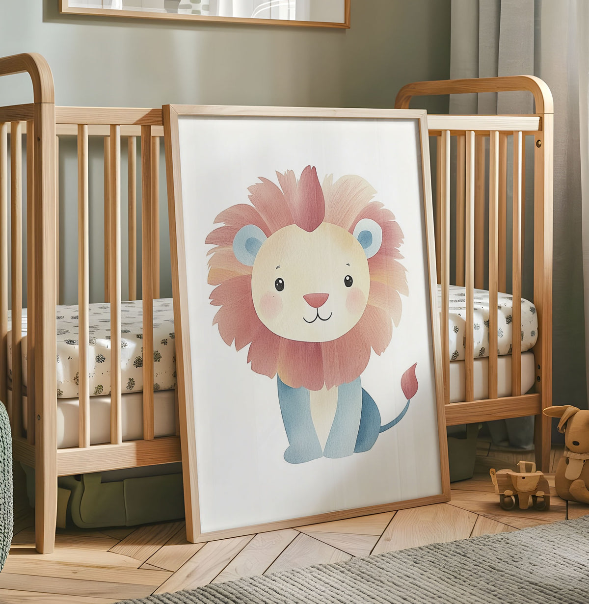 Cute pastel lion nursery wall art with pink mane and soft blue body