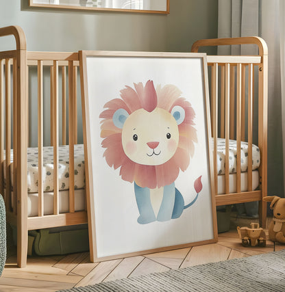 Cute pastel lion nursery wall art with pink mane and soft blue body