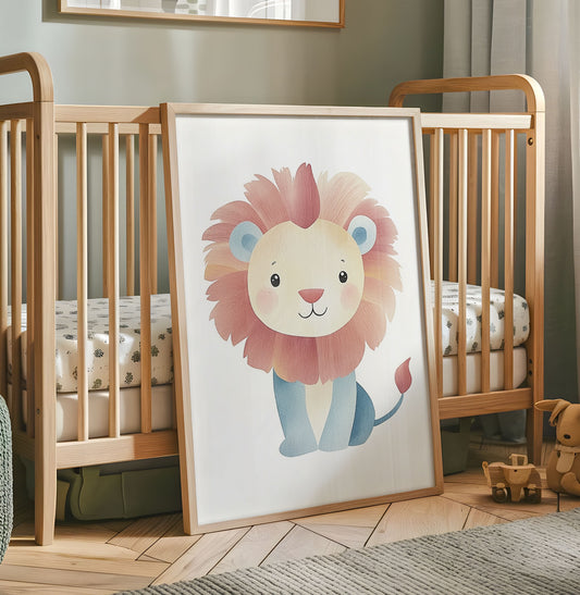 Cute pastel lion nursery wall art with pink mane and soft blue body
