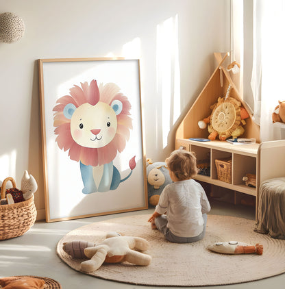 Pastel lion nursery print displayed in a bright child's room