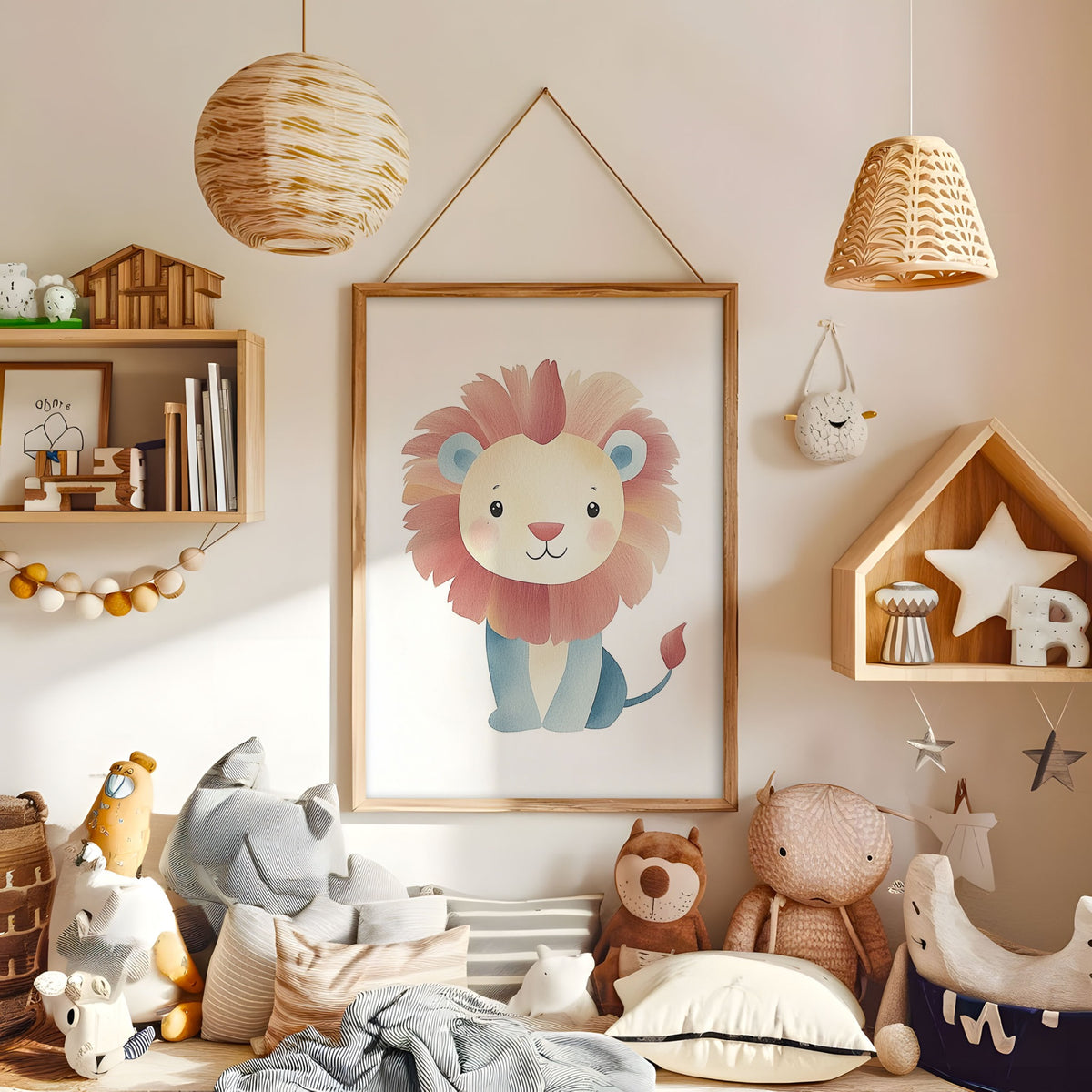 Cute pink and blue lion wall art displayed in a warm kids bedroom