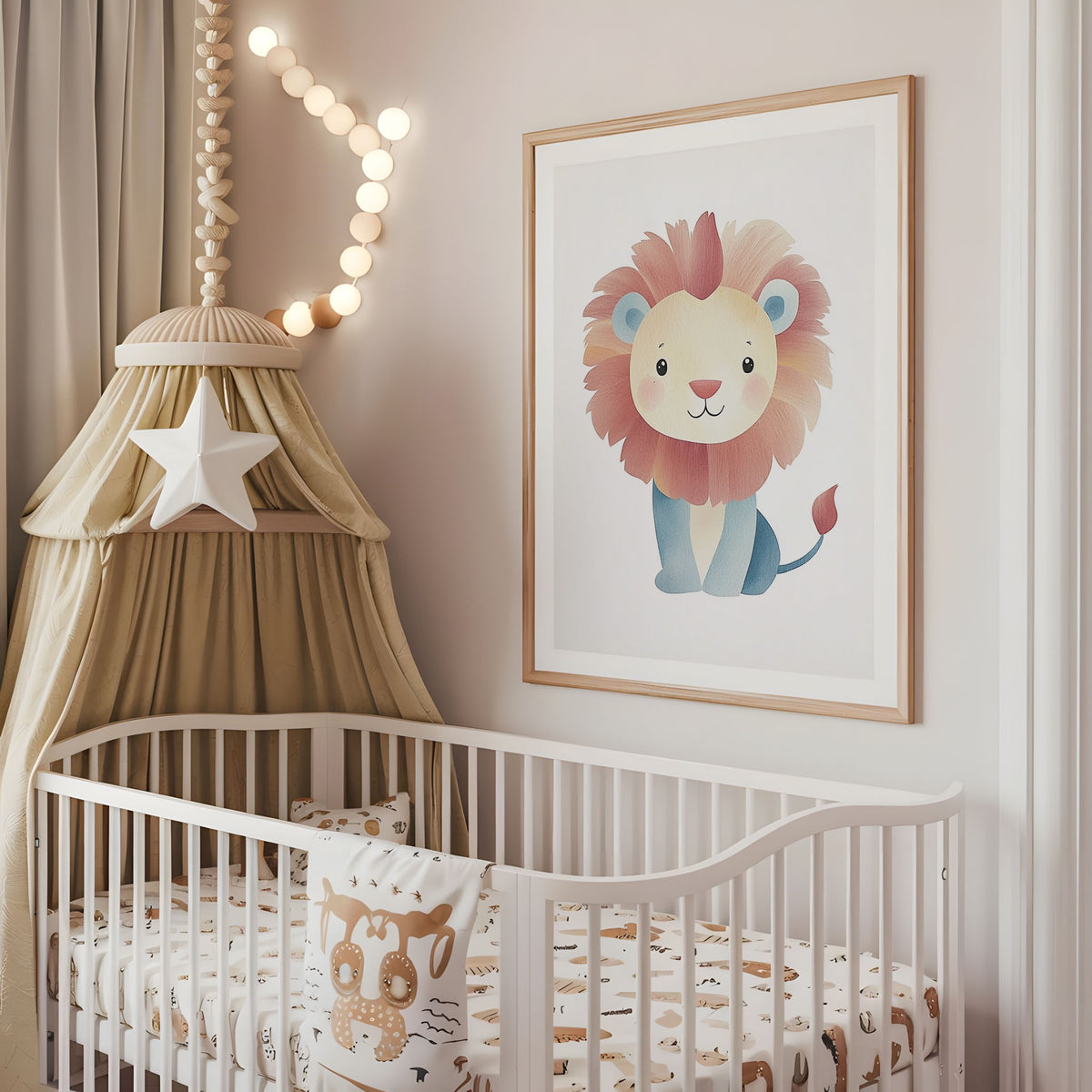 Pastel lion nursery wall art displayed above a cot