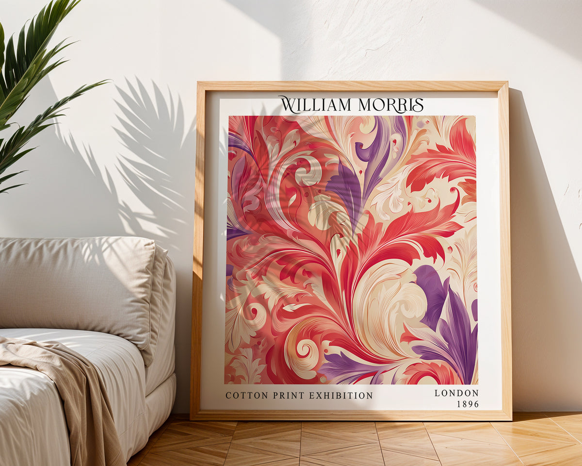 William Morris Style Acanthus Print – Coral & Purple Square Wall Art