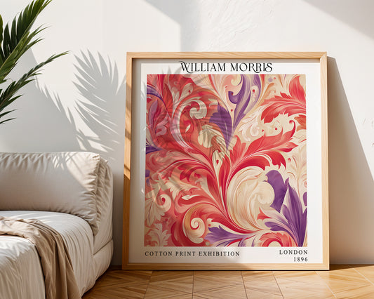 William Morris Style Acanthus Print – Coral & Purple Square Wall Art