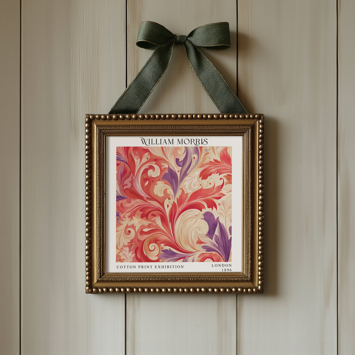 William Morris Style Acanthus Print – Coral & Purple Square Wall Art