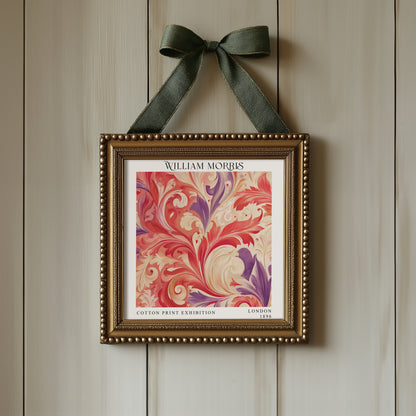 William Morris Style Acanthus Print – Coral & Purple Square Wall Art