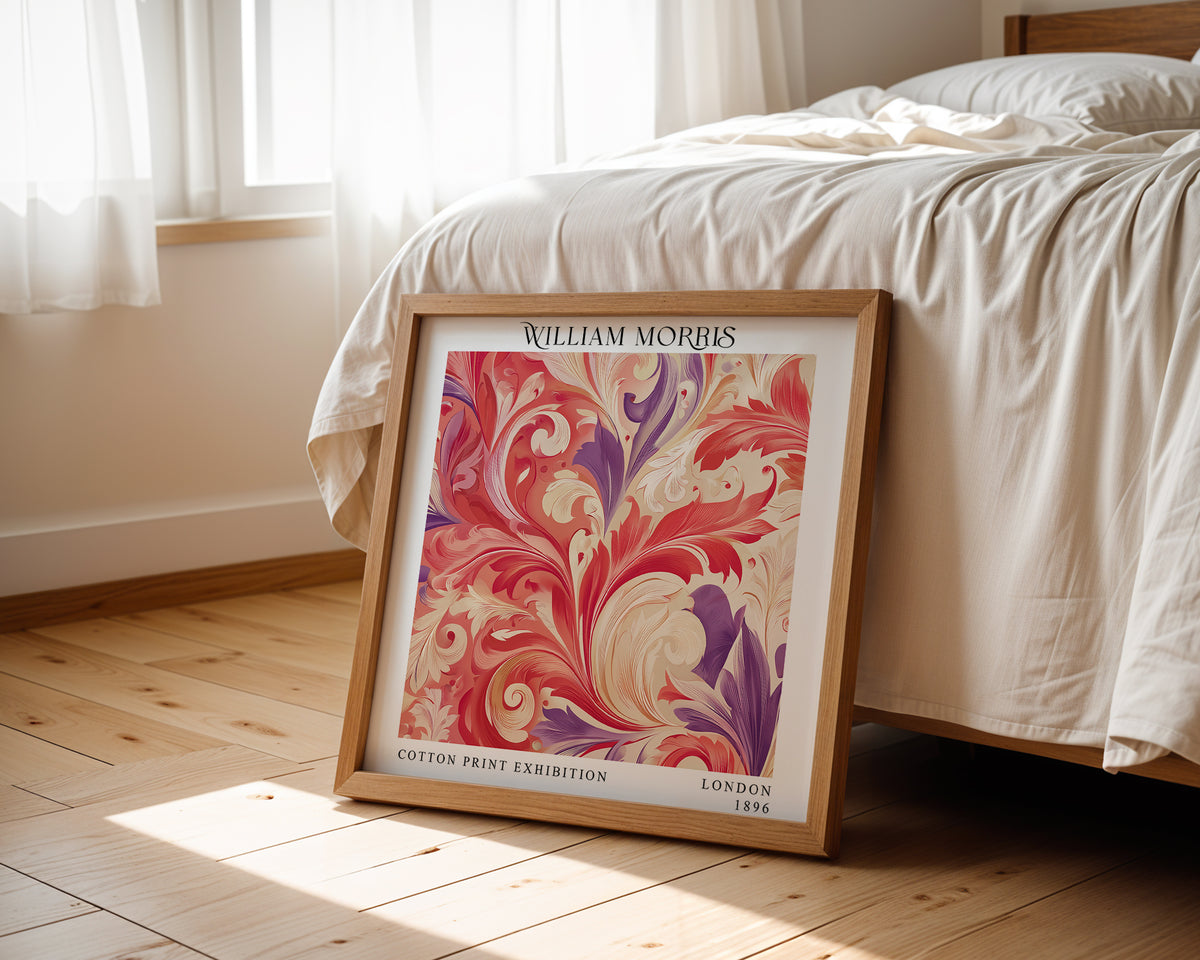 William Morris Style Acanthus Print – Coral & Purple Square Wall Art