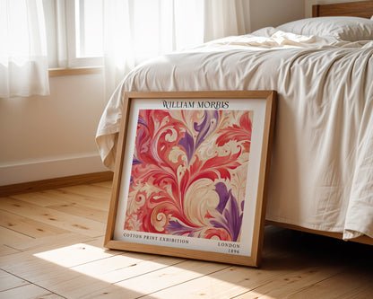 William Morris Style Acanthus Print – Coral & Purple Square Wall Art