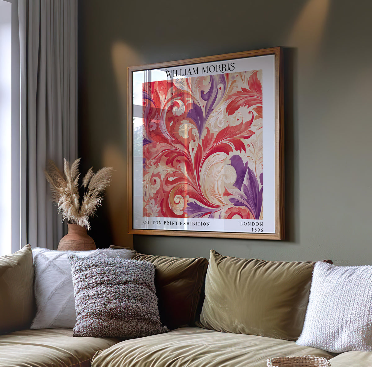 William Morris Style Acanthus Print – Coral & Purple Square Wall Art