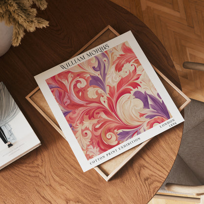 William Morris Style Acanthus Print – Coral & Purple Square Wall Art