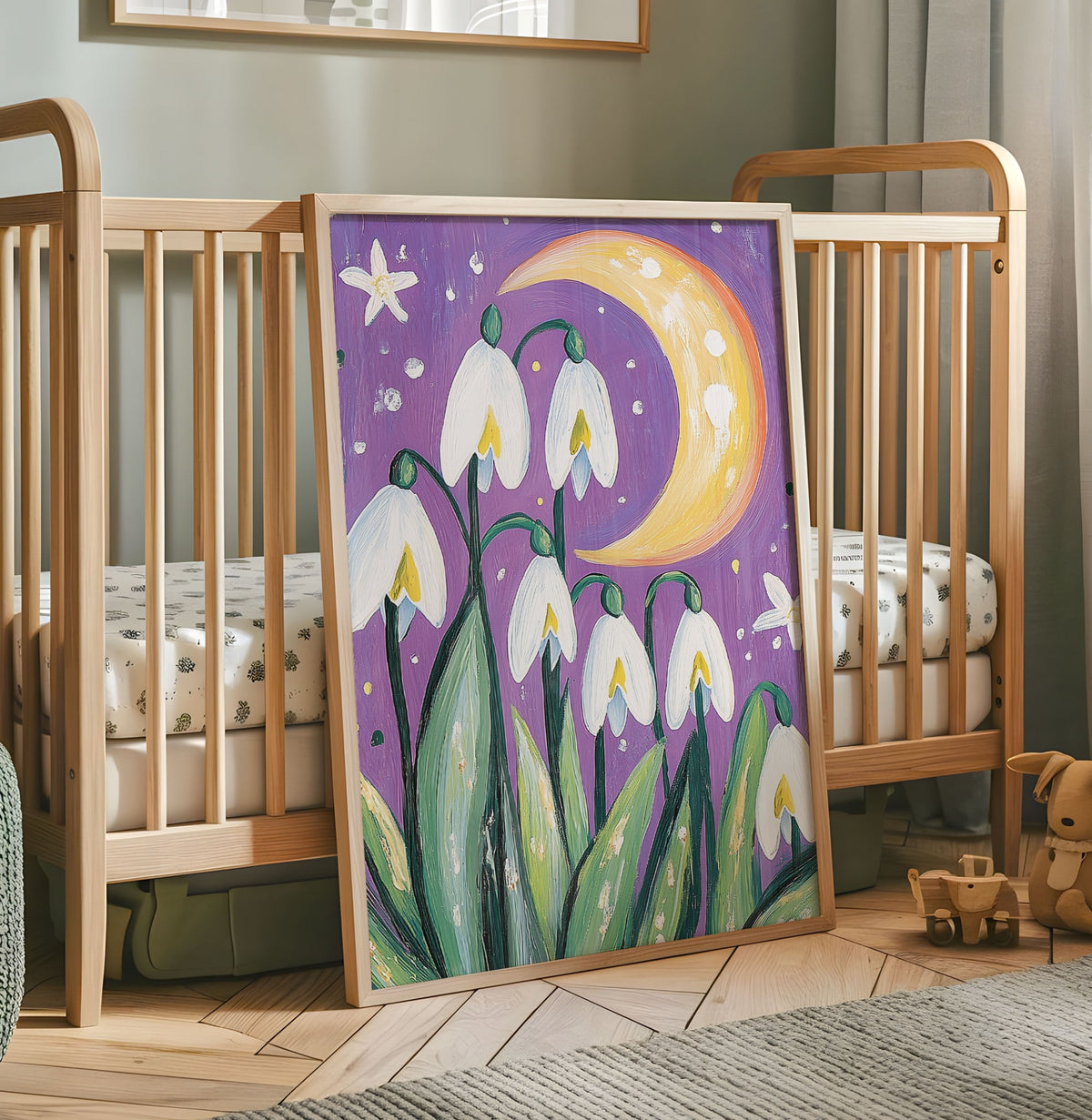 Snowdrop flower nursery wall art with yellow crescent moon on a purple background