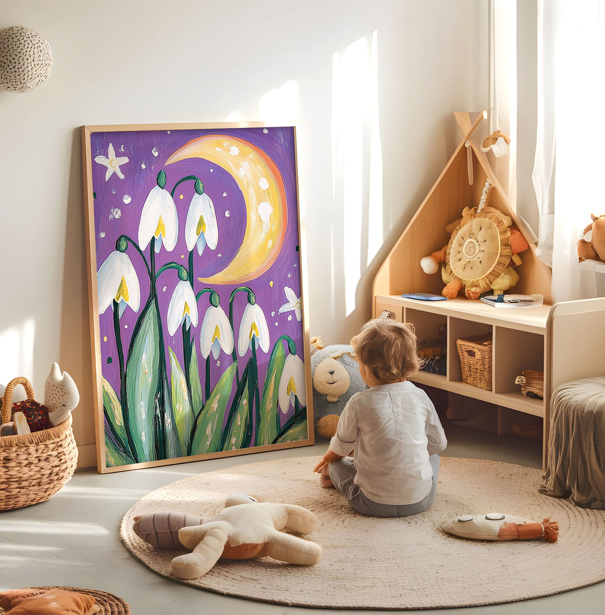 Purple snowdrop flower and crescent moon nursery print displayed in a bright child's room
