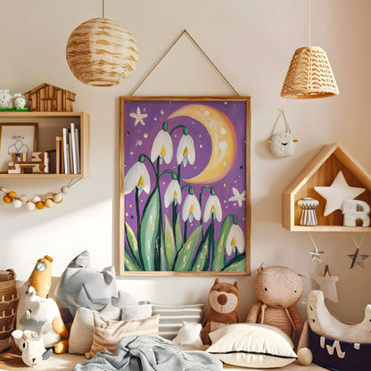 Snowdrop crescent moon wall art displayed in a warm kids bedroom