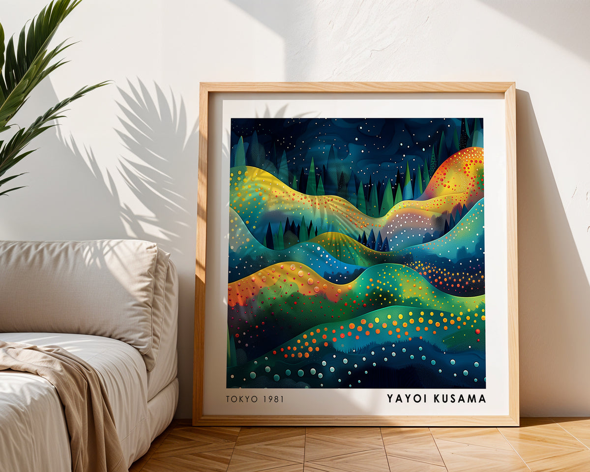 Yayoi Kusama Inspired Rainbow Hills Print | Colourful Night Landscape Wall Art