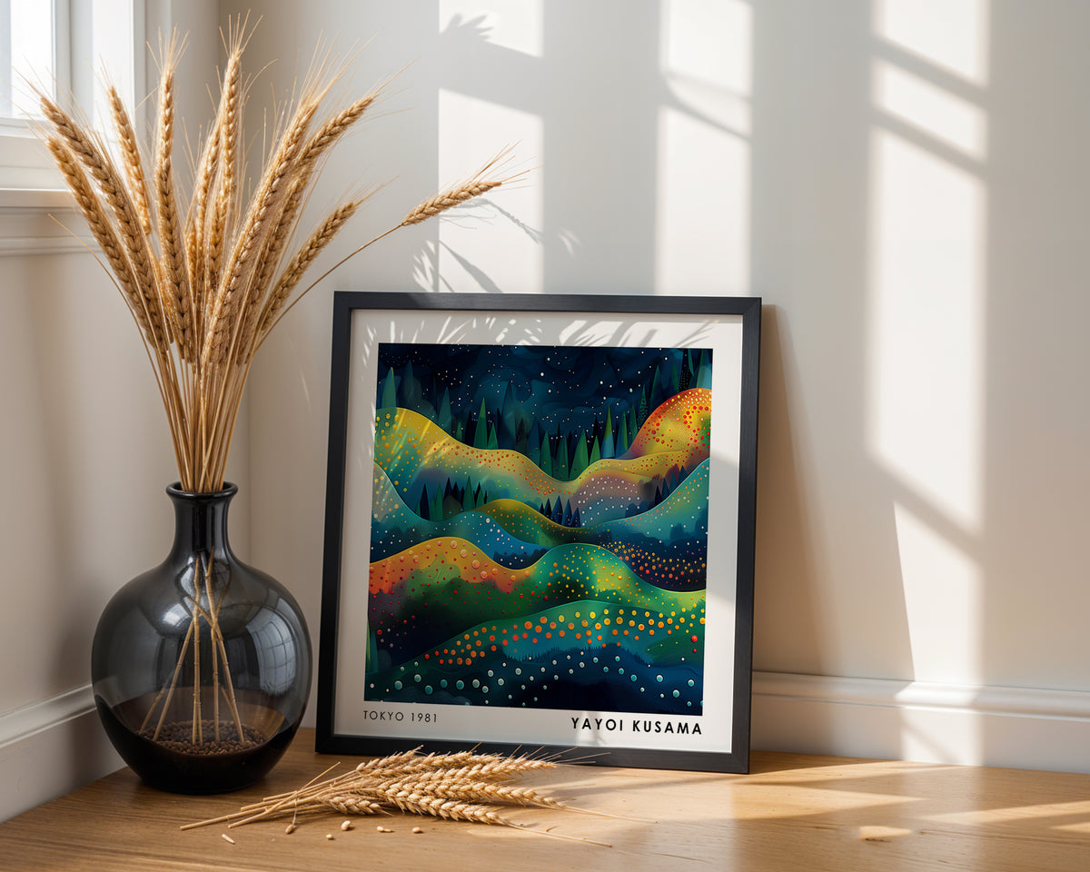 Yayoi Kusama Inspired Rainbow Hills Print | Colourful Night Landscape Wall Art