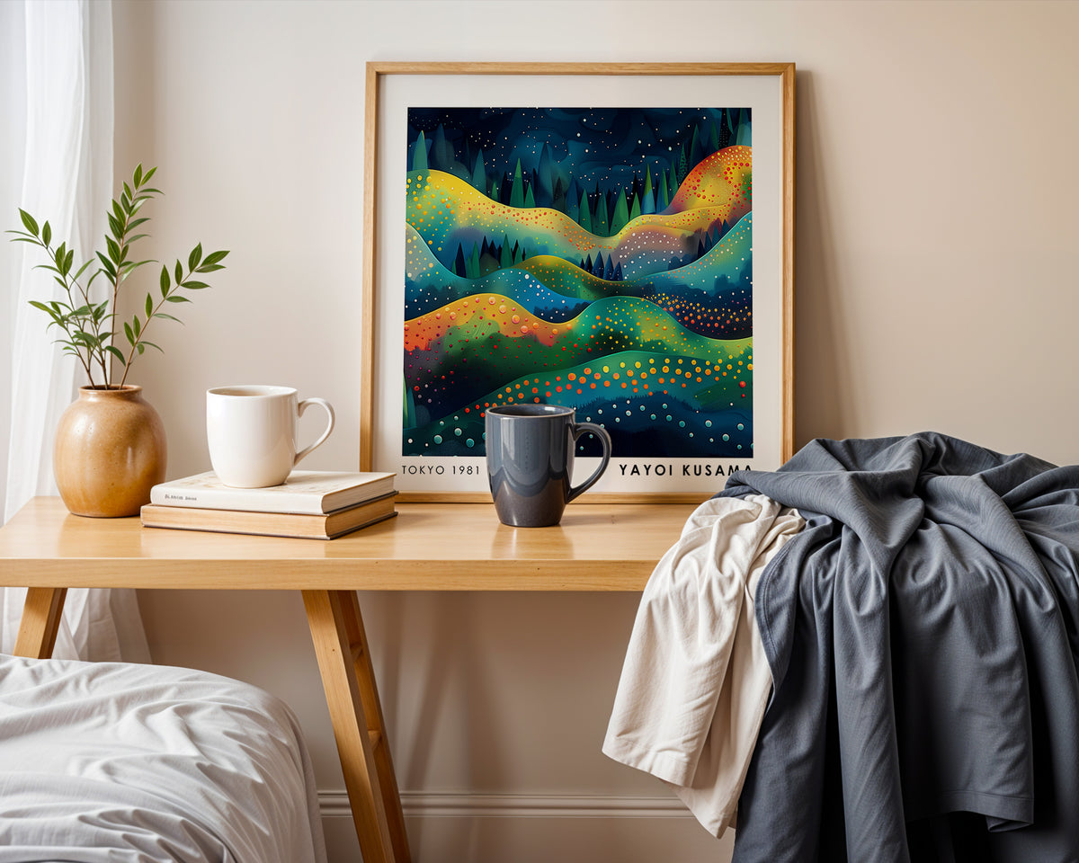 Yayoi Kusama Inspired Rainbow Hills Print | Colourful Night Landscape Wall Art