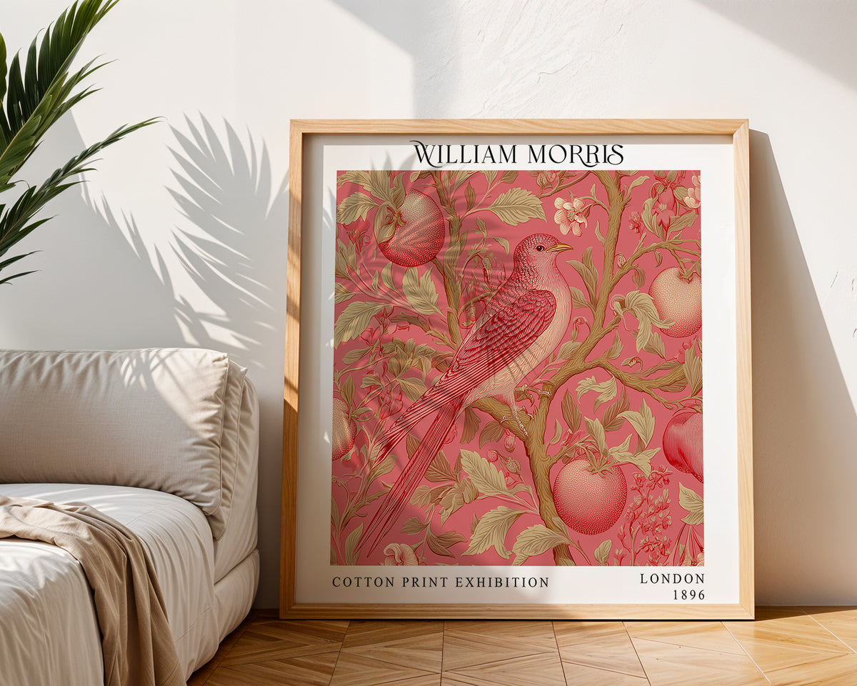 William Morris Style Red Bird & Apple Print – Pink Botanical Square Wall Art