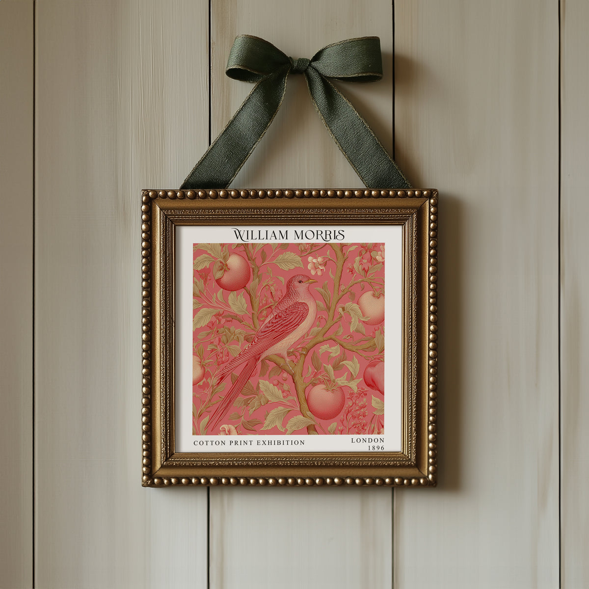 William Morris Style Red Bird & Apple Print – Pink Botanical Square Wall Art