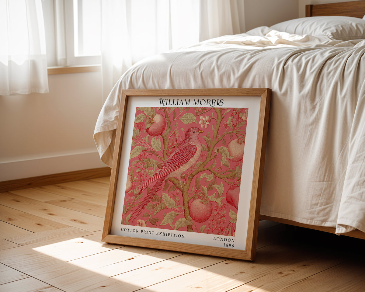 William Morris Style Red Bird & Apple Print – Pink Botanical Square Wall Art