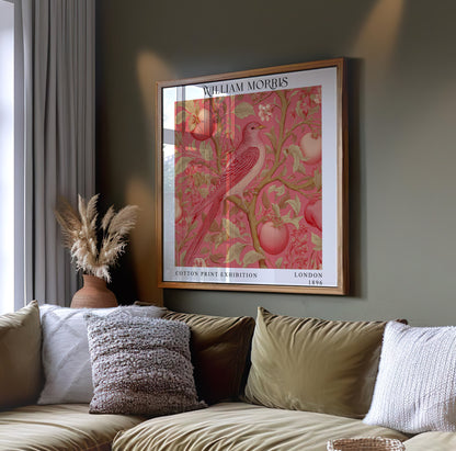 William Morris Style Red Bird & Apple Print – Pink Botanical Square Wall Art
