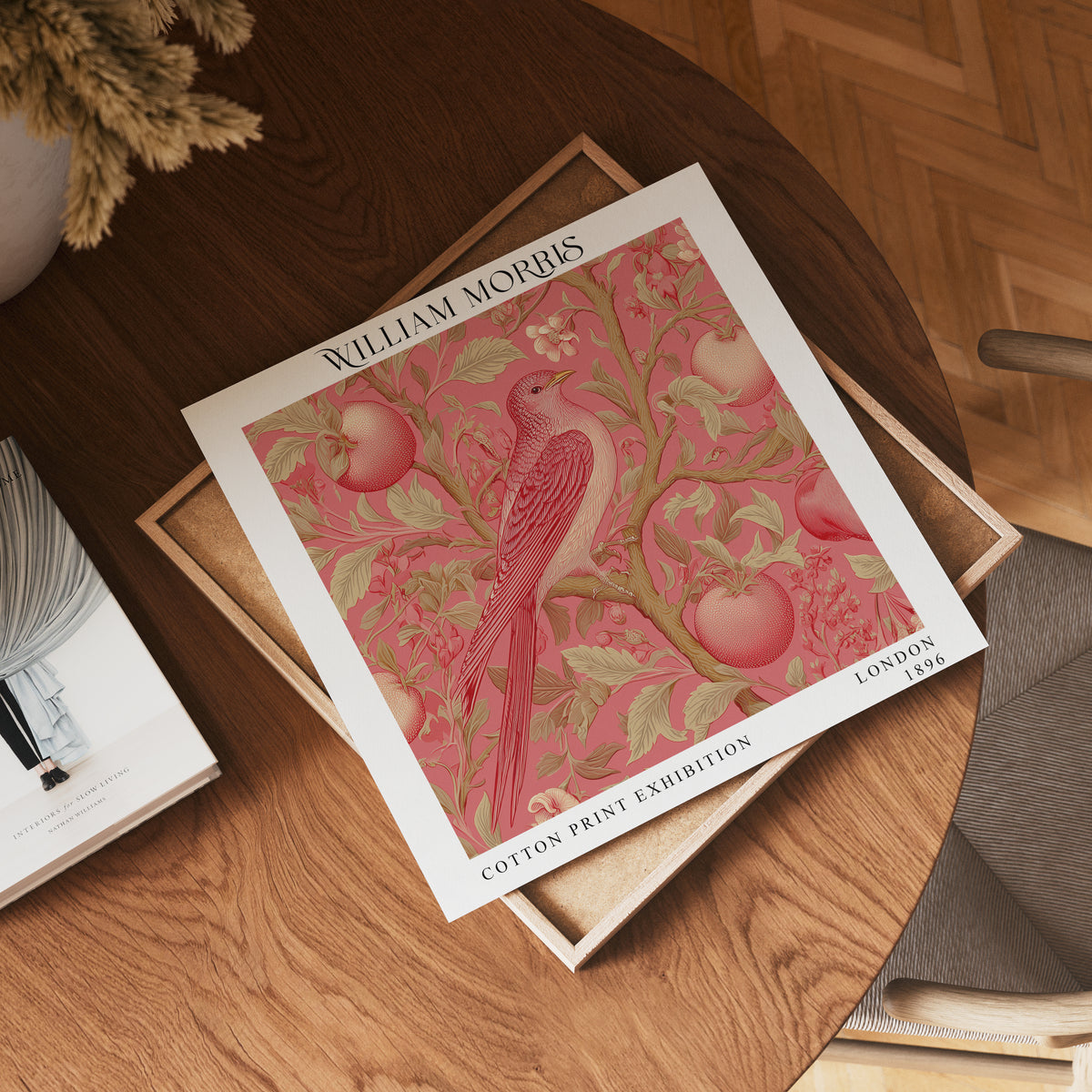 William Morris Style Red Bird & Apple Print – Pink Botanical Square Wall Art