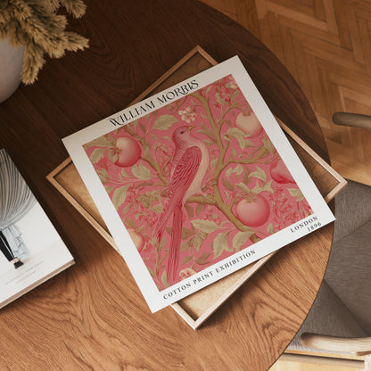 William Morris Style Red Bird & Apple Print – Pink Botanical Square Wall Art