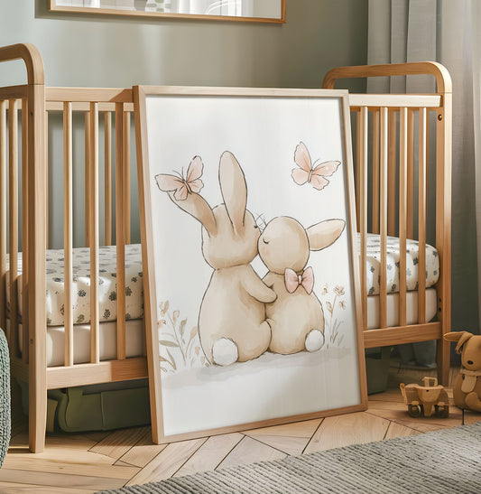 Two cuddling bunny rabbits nursery wall art with soft pink butterflies