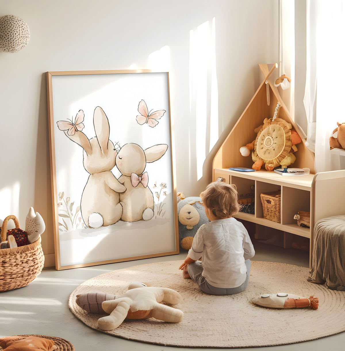 Cuddling bunny nursery print with pink butterflies displayed in a bright child's room