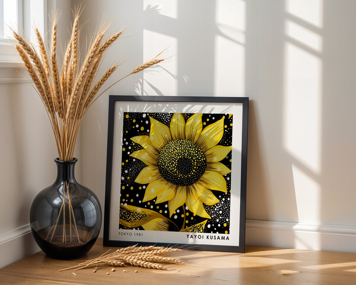 Yayoi Kusama Inspired Golden Sunflower Print | Black Yellow Polka Dot Wall Art