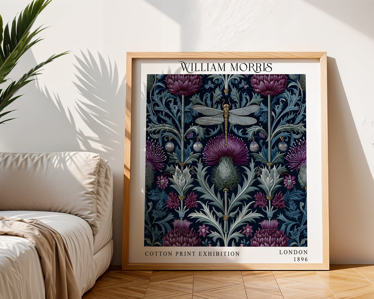 William Morris Style Dragonfly Thistle Print – Navy Floral Square Wall Art