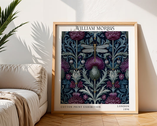 William Morris Style Dragonfly Thistle Print – Navy Floral Square Wall Art