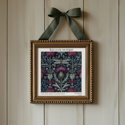 William Morris Style Dragonfly Thistle Print – Navy Floral Square Wall Art