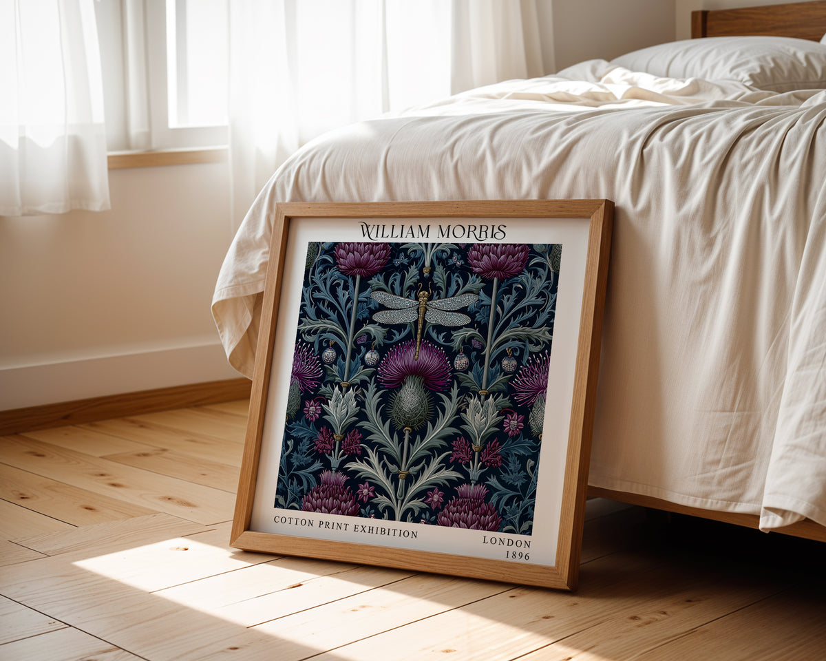 William Morris Style Dragonfly Thistle Print – Navy Floral Square Wall Art
