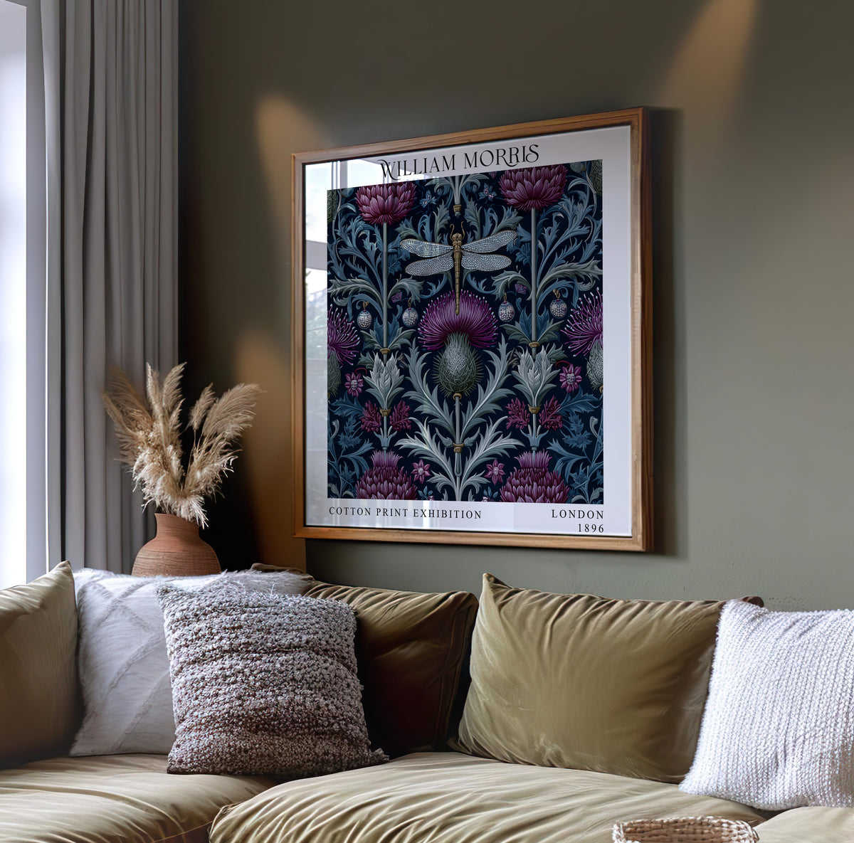 William Morris Style Dragonfly Thistle Print – Navy Floral Square Wall Art