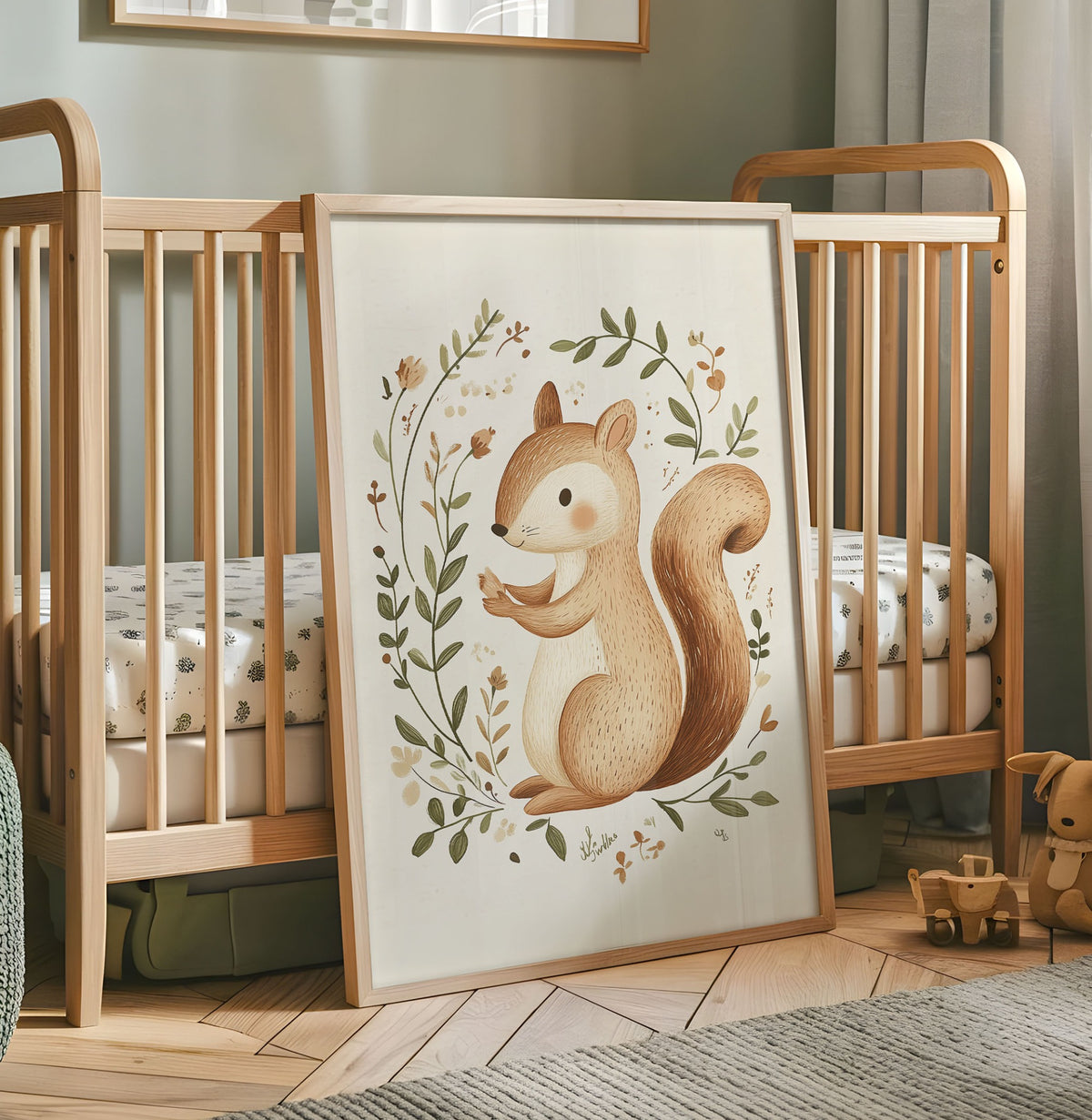 Woodland squirrel nursery wall art with leafy botanical wreath in warm neutral tones