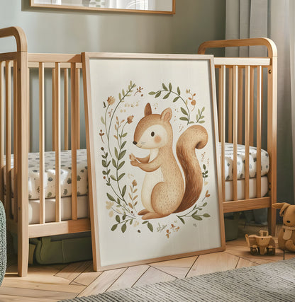 Woodland squirrel nursery wall art with leafy botanical wreath in warm neutral tones