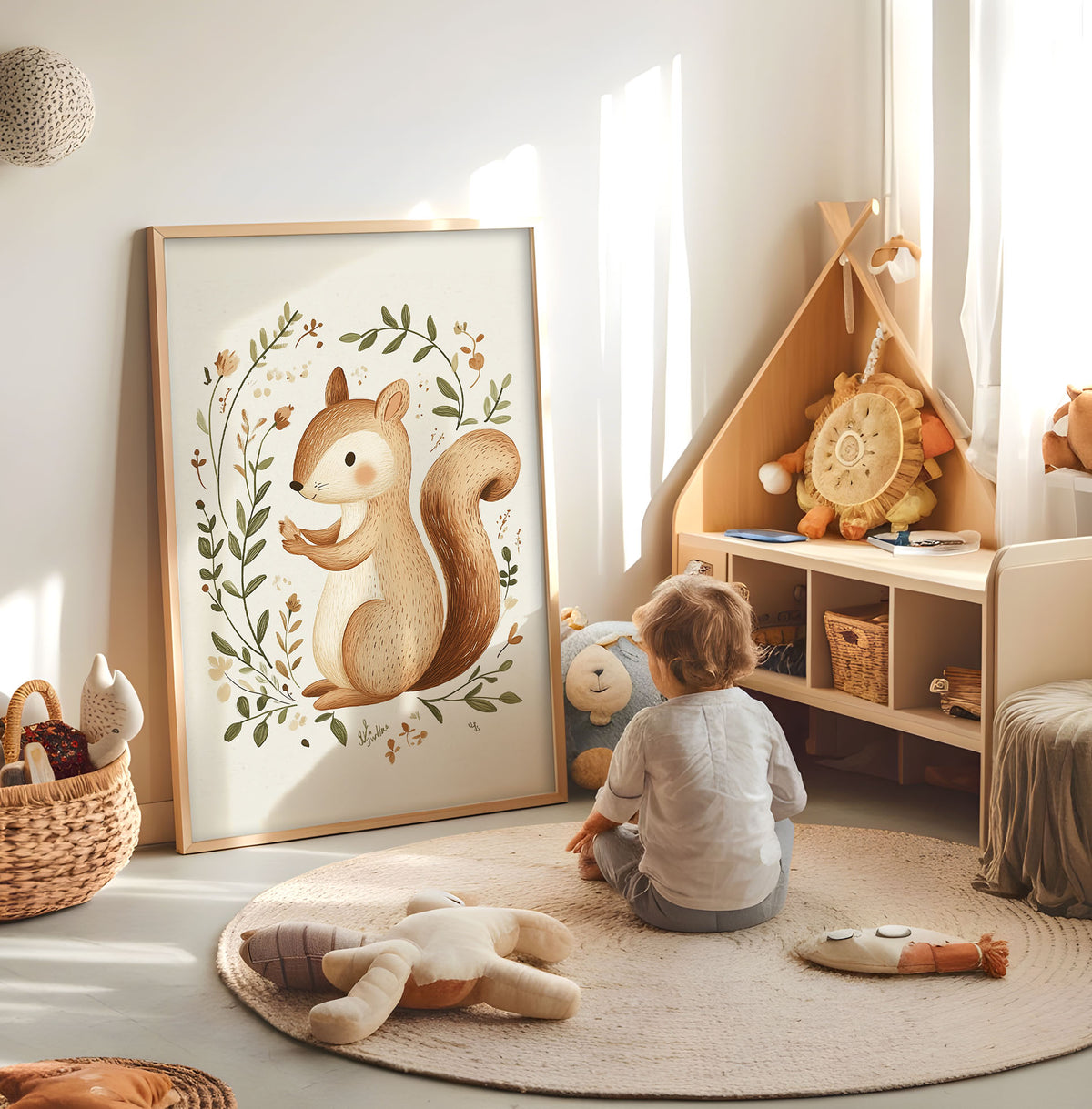 Woodland squirrel nursery print displayed in a bright child's room