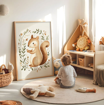 Woodland squirrel nursery print displayed in a bright child's room