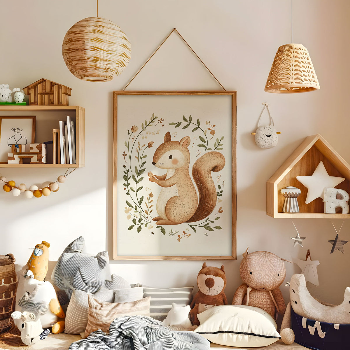 Cute squirrel botanical wall art displayed in a warm kids bedroom