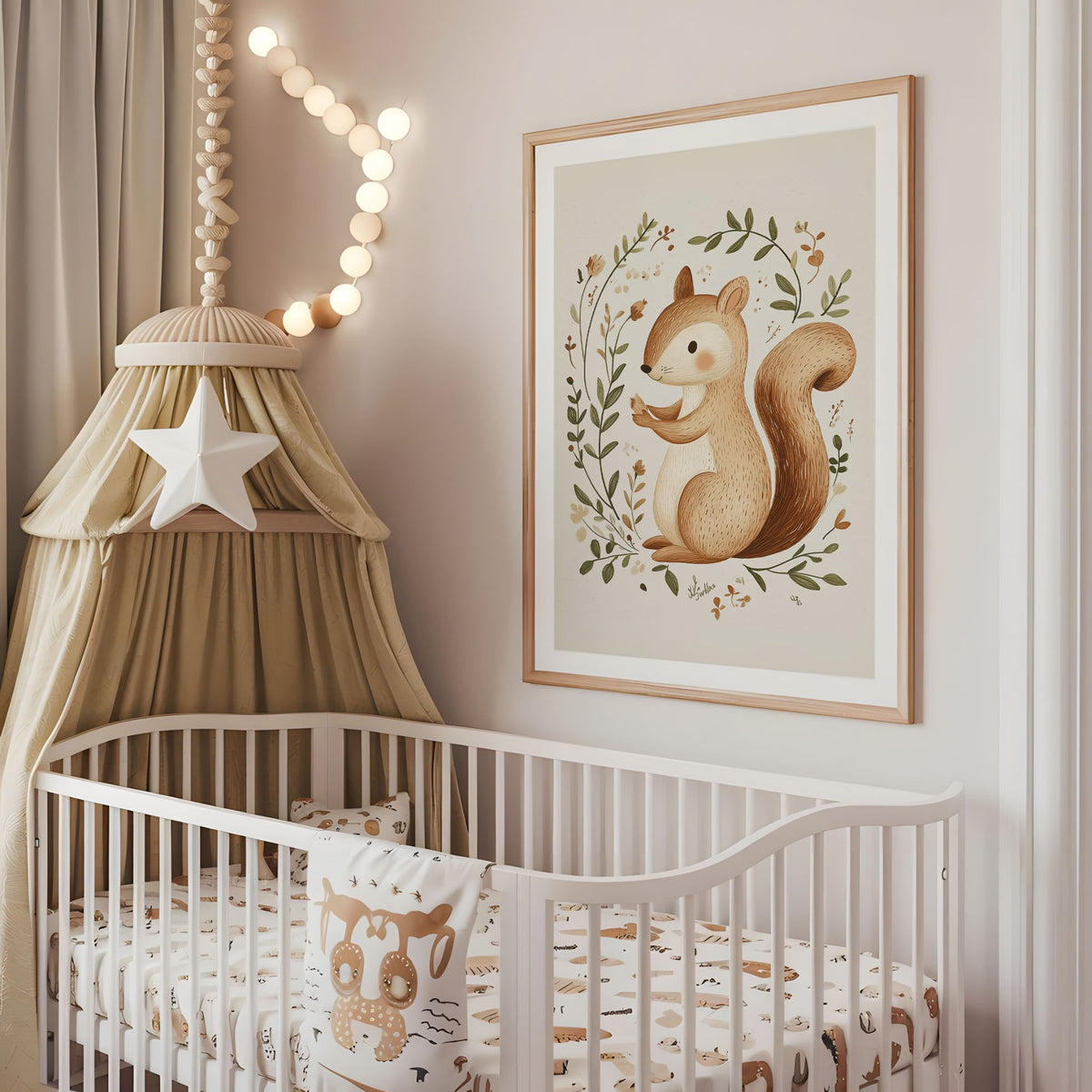 Woodland squirrel nursery wall art displayed above a cot
