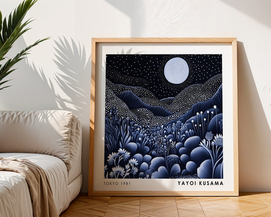 Yayoi Kusama Inspired Moonlit Landscape Print | Black White Polka Dot Wall Art