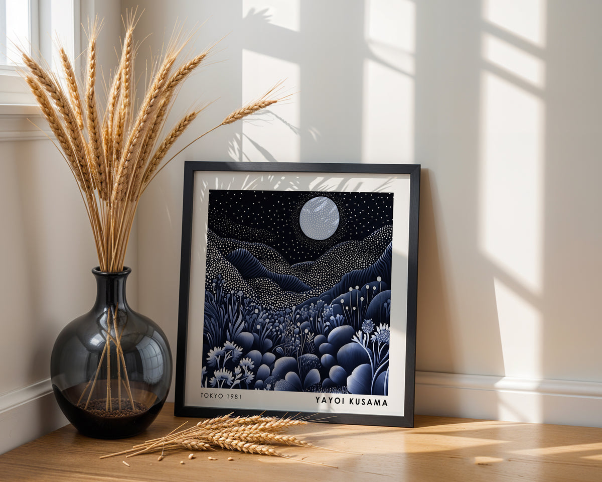 Yayoi Kusama Inspired Moonlit Landscape Print | Black White Polka Dot Wall Art