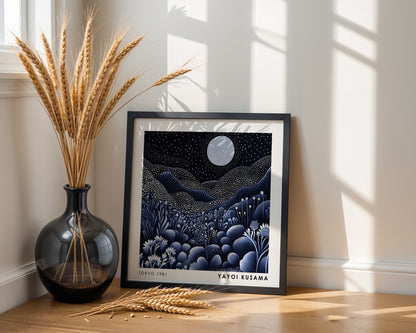 Yayoi Kusama Inspired Moonlit Landscape Print | Black White Polka Dot Wall Art