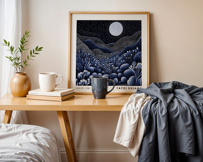 Yayoi Kusama Inspired Moonlit Landscape Print | Black White Polka Dot Wall Art