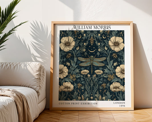 William Morris Style Dragonfly & Bees Print – Celestial Floral Square Wall Art