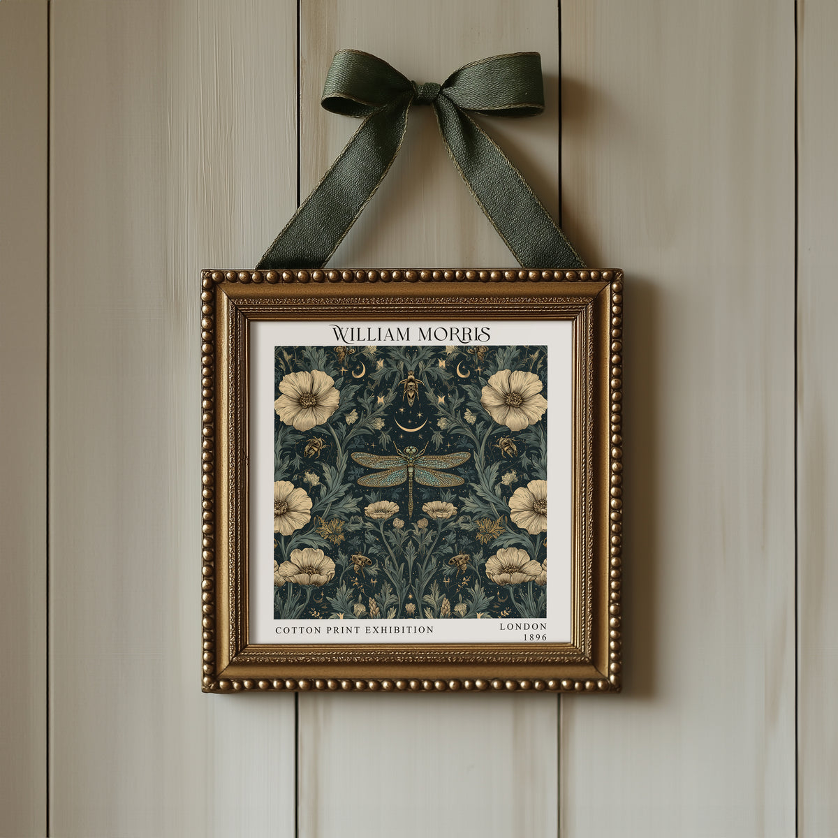 William Morris Style Dragonfly & Bees Print – Celestial Floral Square Wall Art